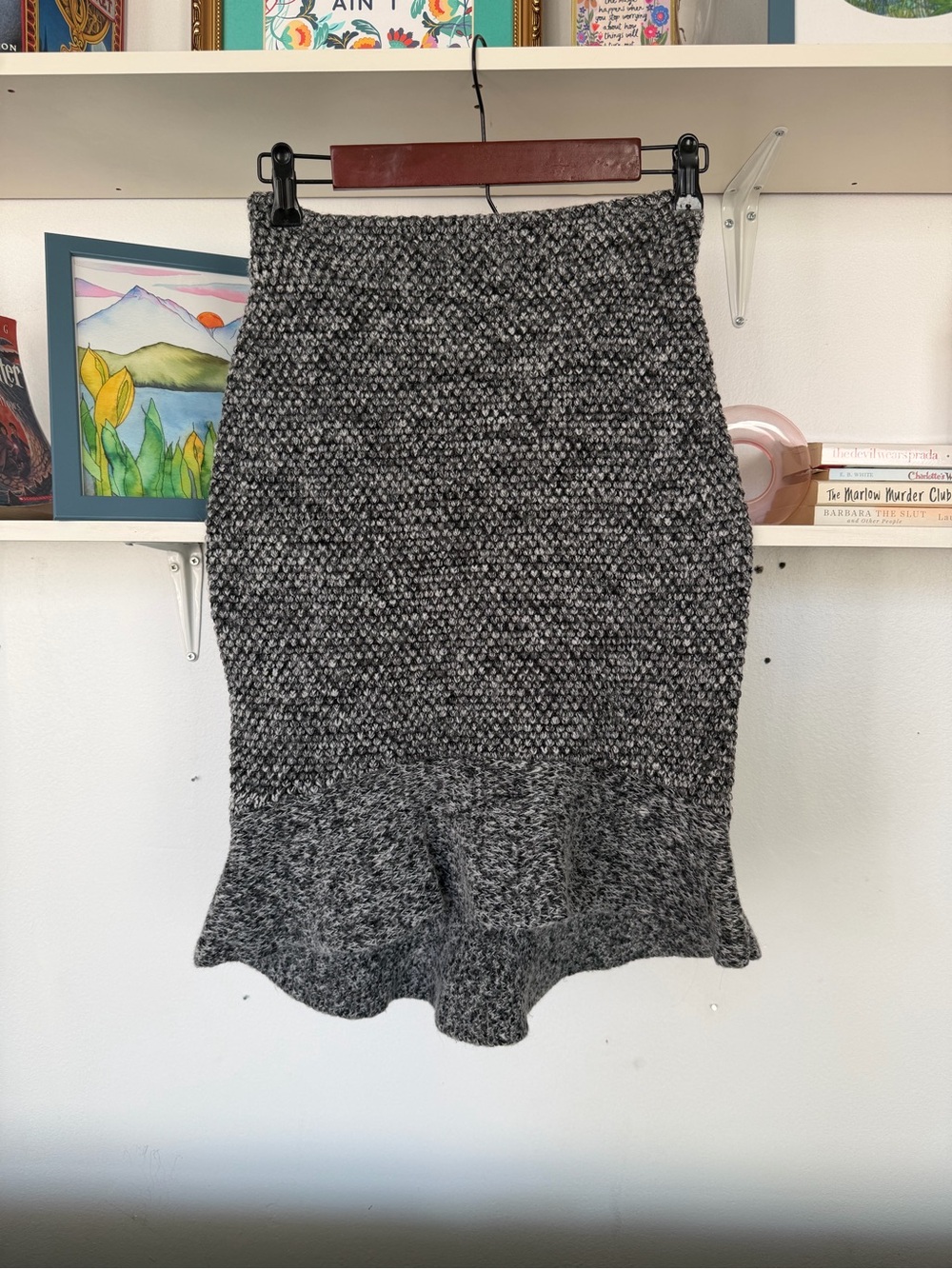 Saba Gray Textured Knit Pencil Skirt with Flared Hem